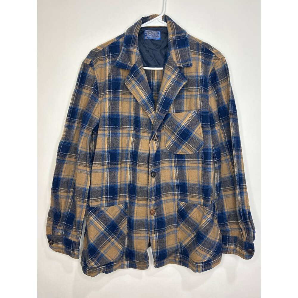 Vintage Pendleton Woolen Mills Plaid 100% Wool Shirt Mens M Blue & Tan